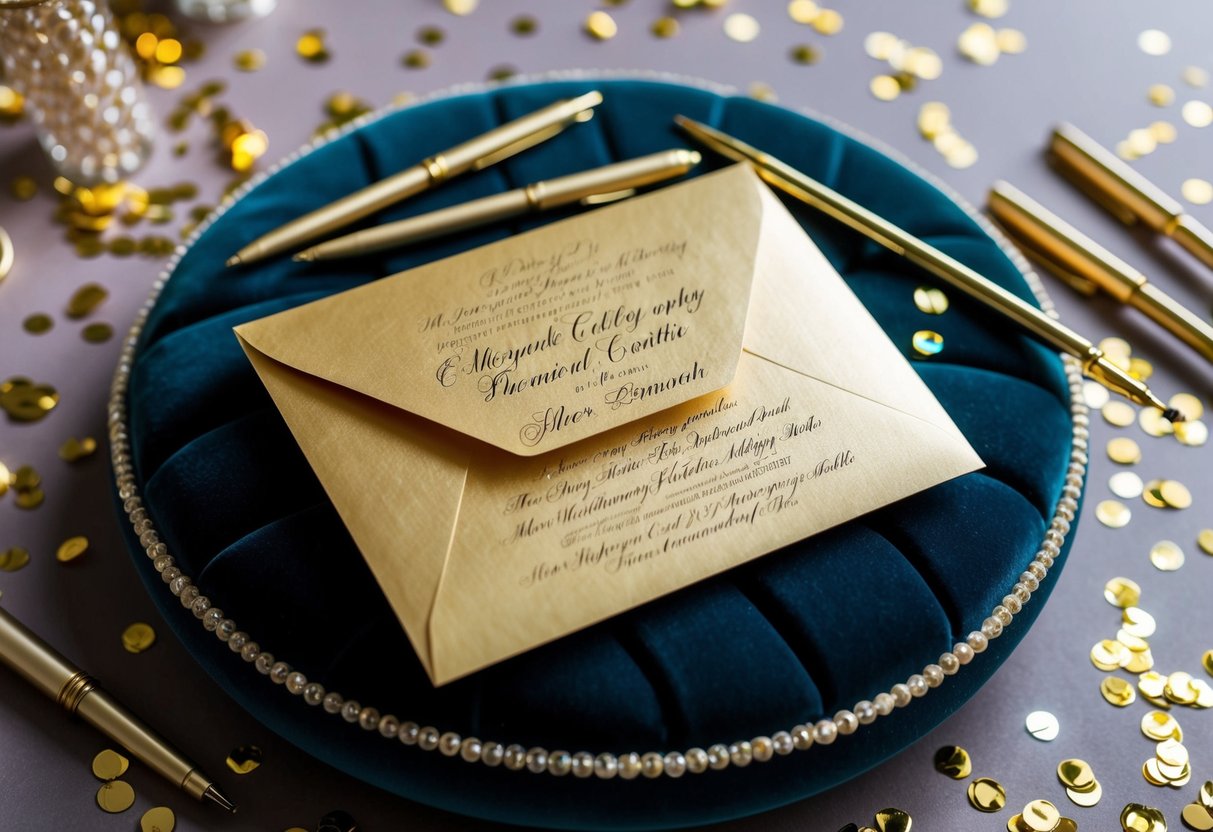 A gold-embossed invitation lies on a velvet cushion, surrounded by elegant calligraphy pens and a scattering of shimmering gold confetti