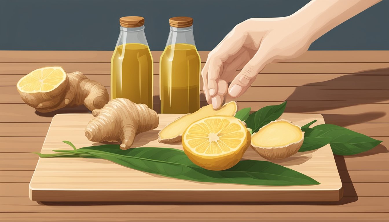 A hand reaching for a bottle of ginger juice next to fresh ginger root on a cutting board