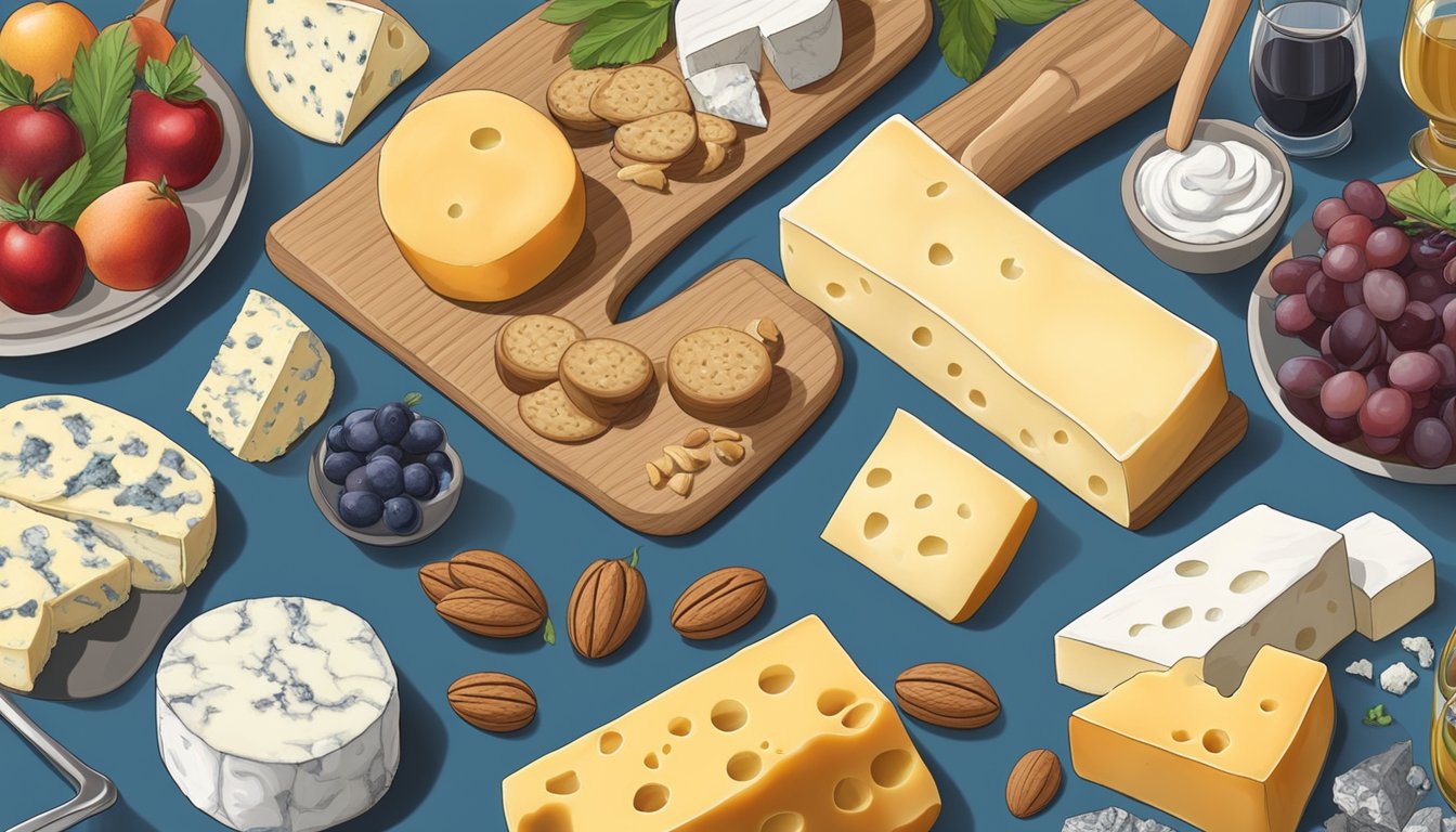 A hand arranging a cheese board with various cheeses, including goat cheese as a substitute for blue cheese. Fruits, nuts, and crackers are also included