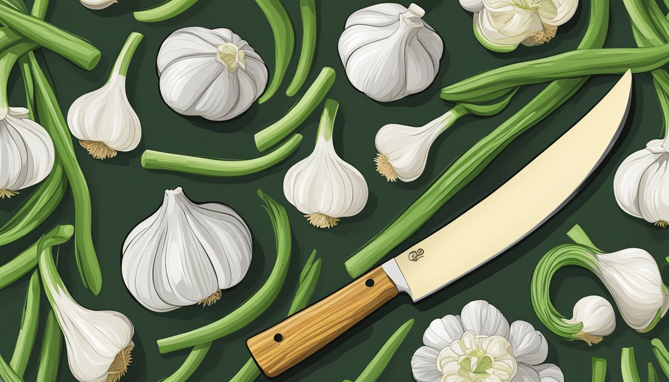 Garlic scapes arranged next to garlic cloves, with a chef's knife nearby