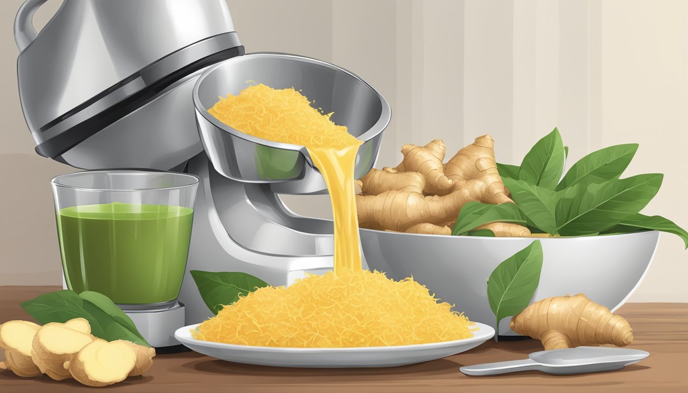 A small bowl of fresh ginger sits next to a juicer. A hand pours the ginger juice into a measuring spoon