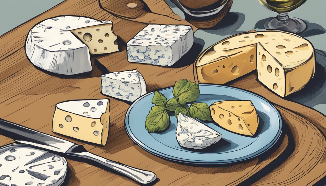 A table set with a variety of cheeses, with a hand reaching for a piece of goat cheese next to a wedge of blue cheese