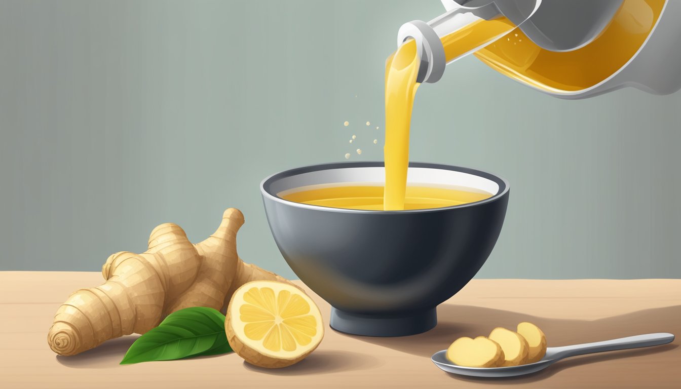 A small bowl of ginger juice being poured from a bottle into a measuring spoon, with fresh ginger root and a juicer in the background