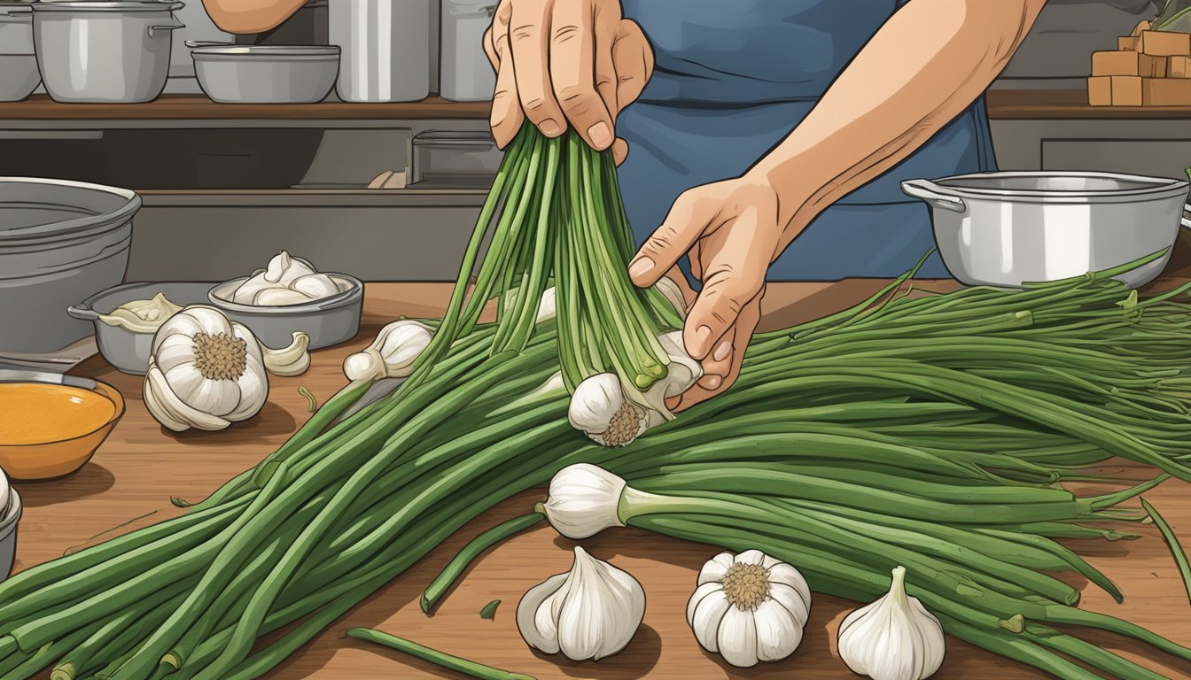 Garlic scapes replacing garlic cloves in a recipe, with a chef's hand reaching for the scapes in a bustling farmers' market