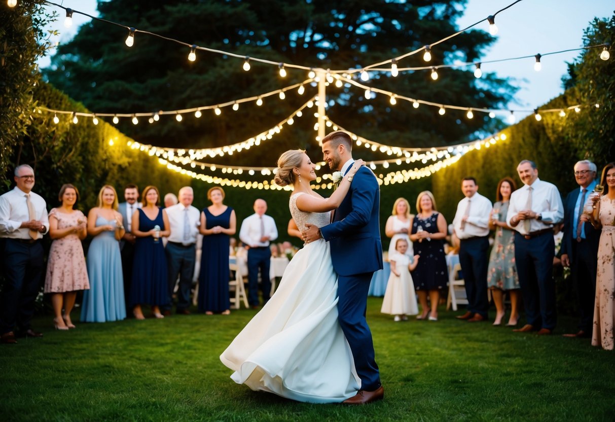 A couple dances under twinkling lights in a garden, surrounded by friends and family