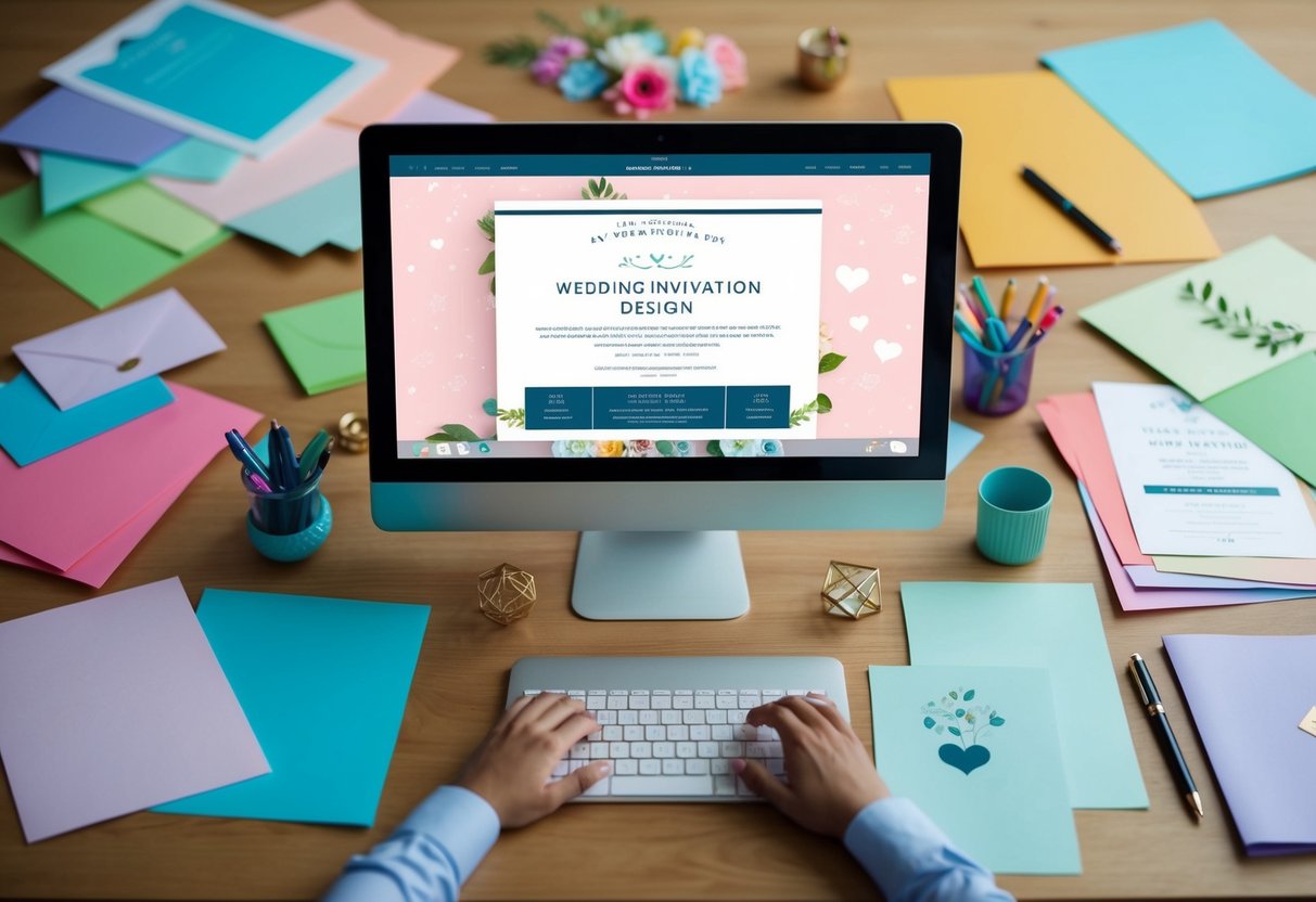 A computer screen with a wedding invitation design website open, surrounded by a variety of colorful paper, pens, and decorative elements