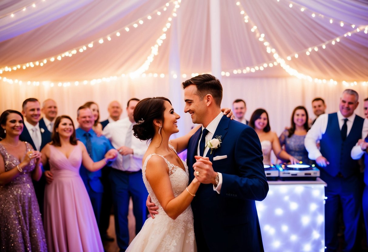 A couple dancing under twinkling lights, surrounded by friends and family, as the DJ plays the number one wedding dance song