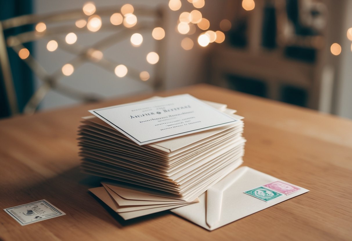 A stack of elegant wedding invitations with envelopes and stamps