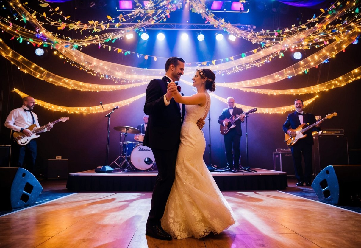 A couple dances under a spotlight surrounded by swirling lights and colorful decorations, while a band plays on stage