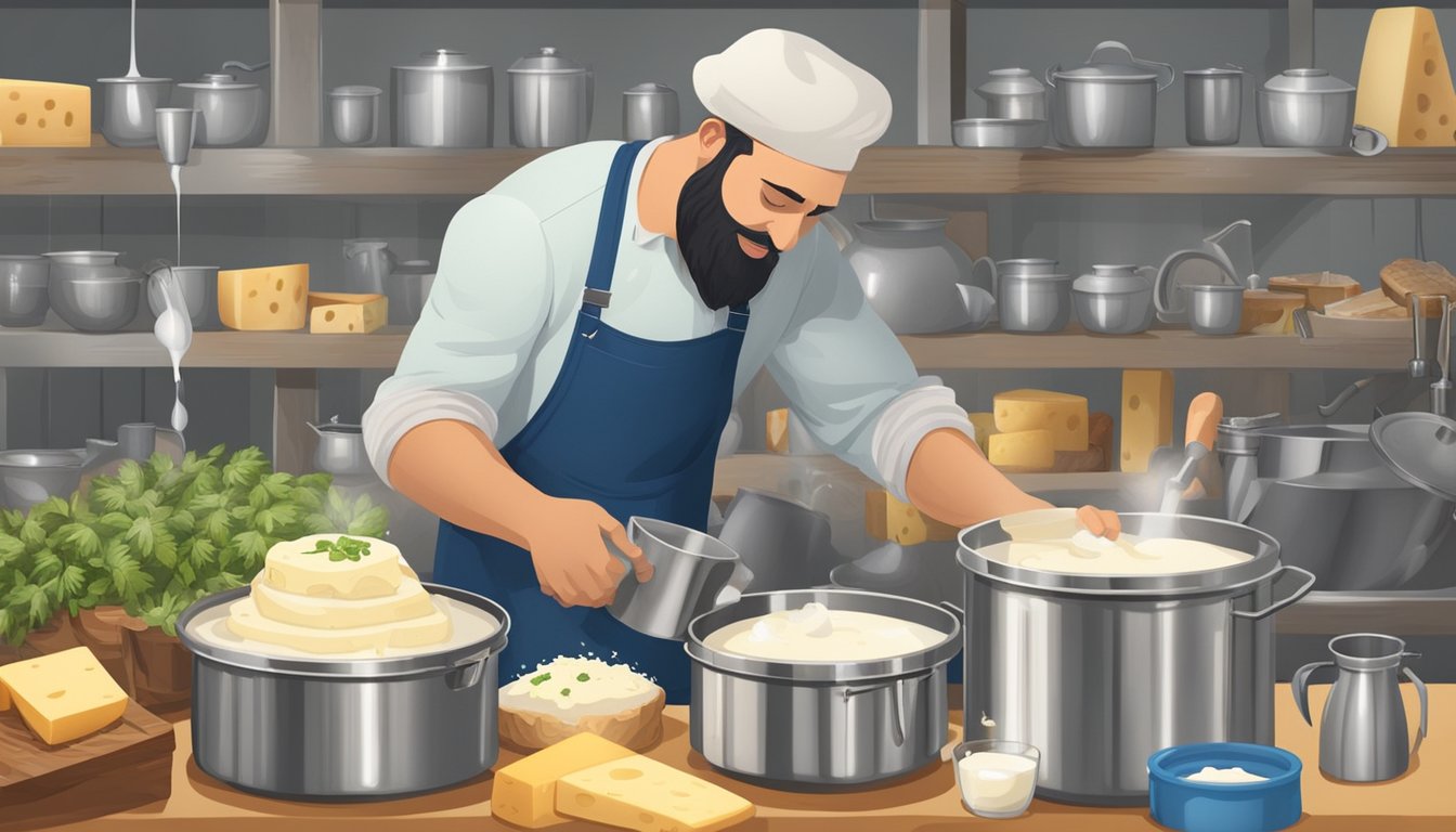 A farmer pours goat milk into a large stainless steel pot, surrounded by cheese making equipment and ingredients