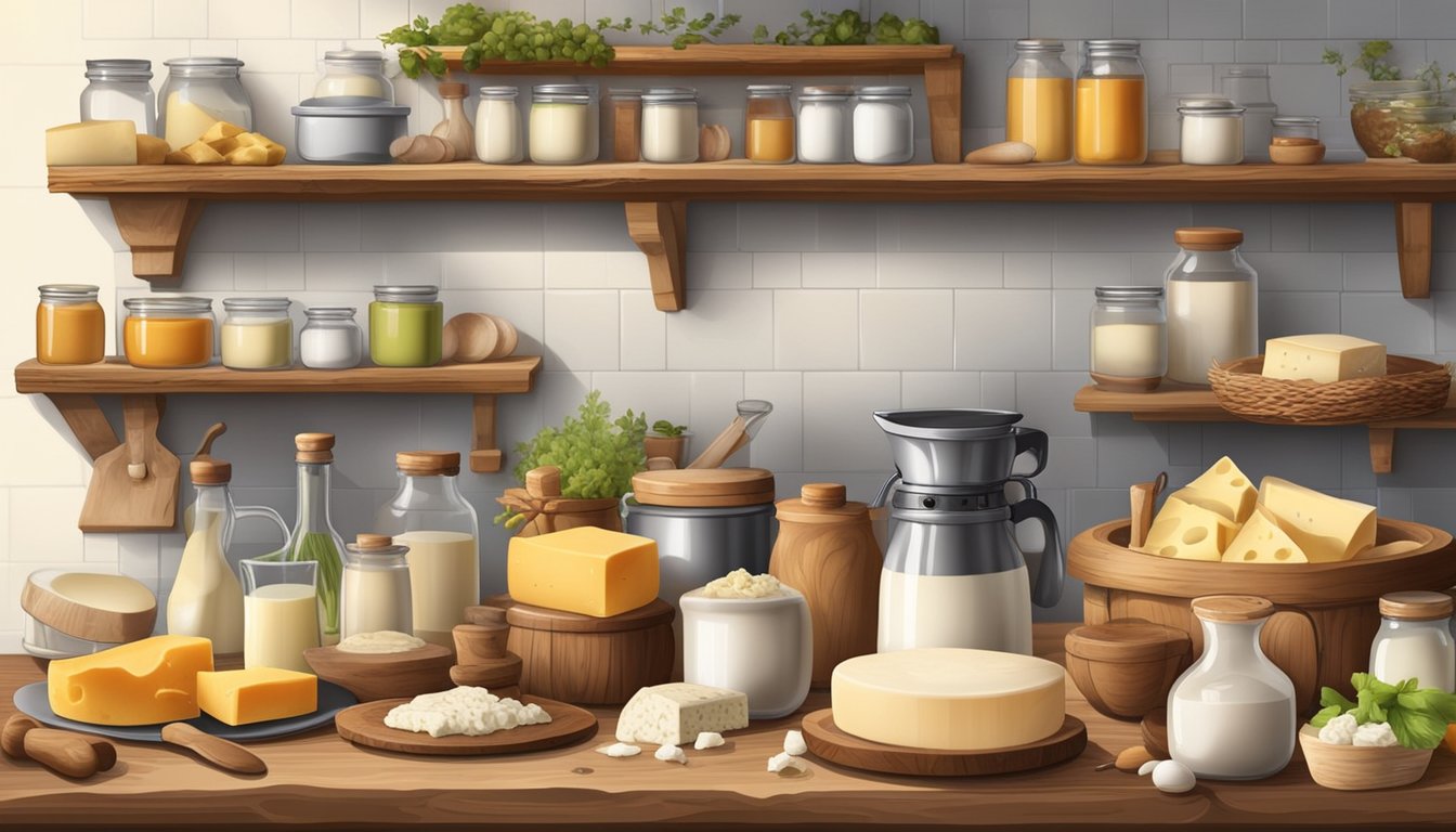 A rustic kitchen with a wooden table holding bowls of goat milk, rennet, and cheese cultures, surrounded by shelves of cheese-making ingredients and tools