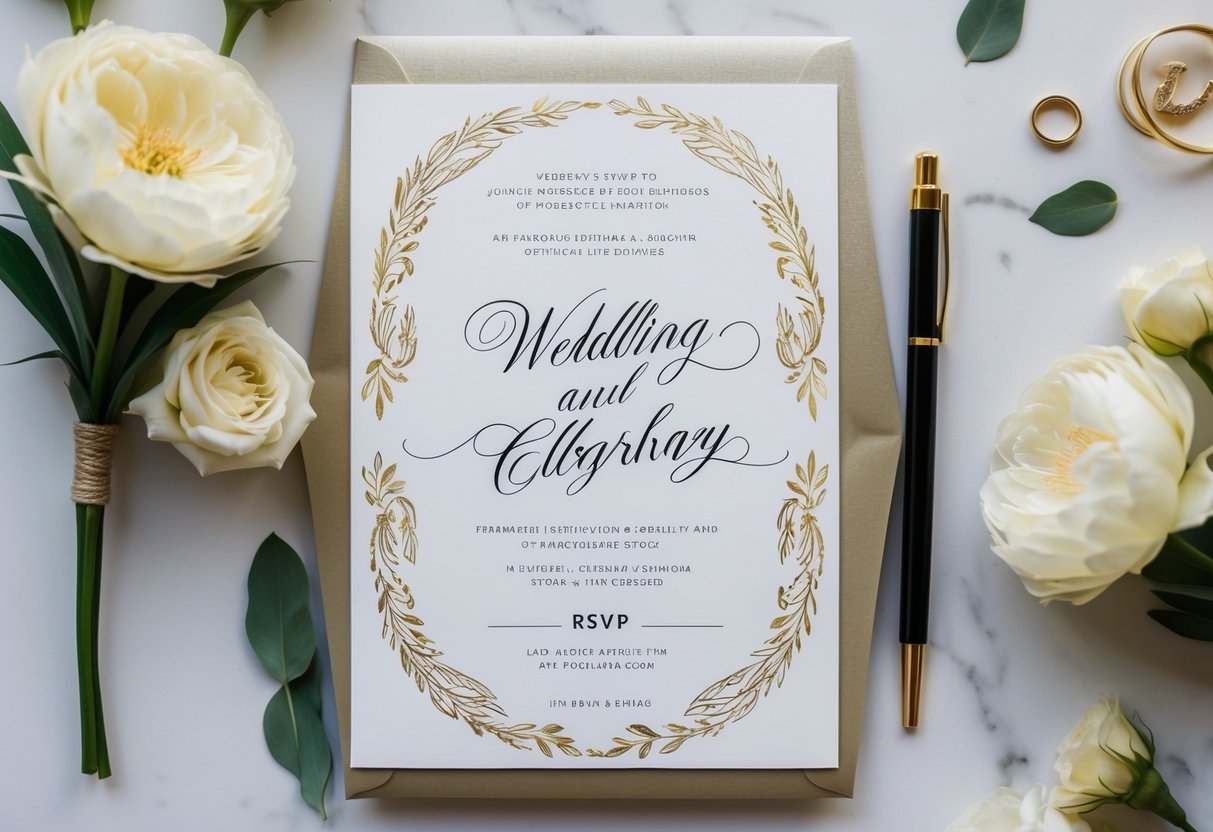 A beautifully designed wedding invitation with elegant calligraphy and a space for RSVP