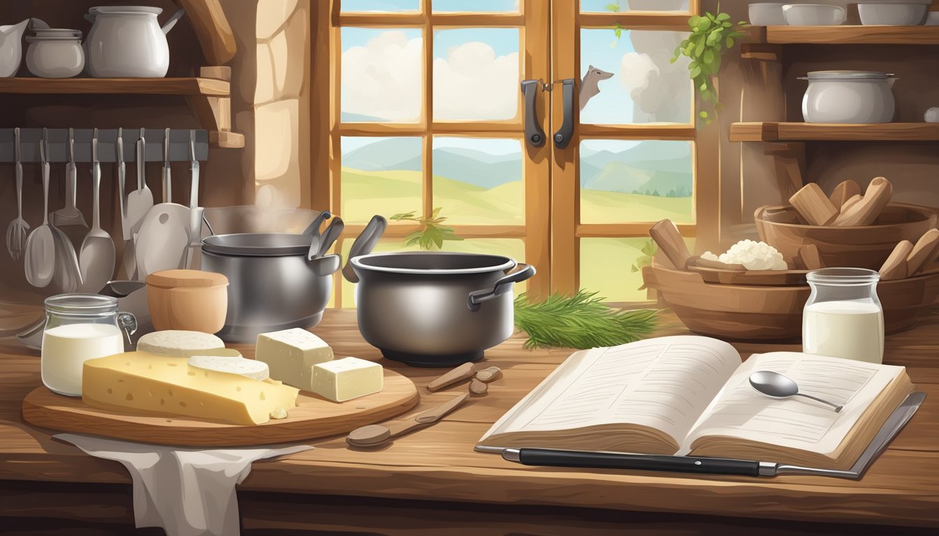 A rustic kitchen with goat and sheep milk, cheese-making tools, and a detailed recipe book open on a wooden table