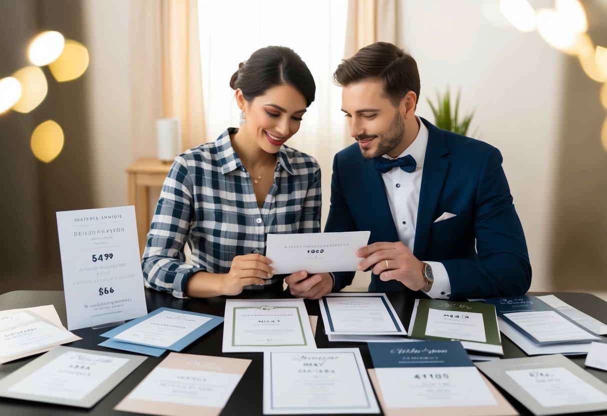 A couple sits at a table, surrounded by various wedding invitation samples and pricing options. They are comparing designs and discussing their budget