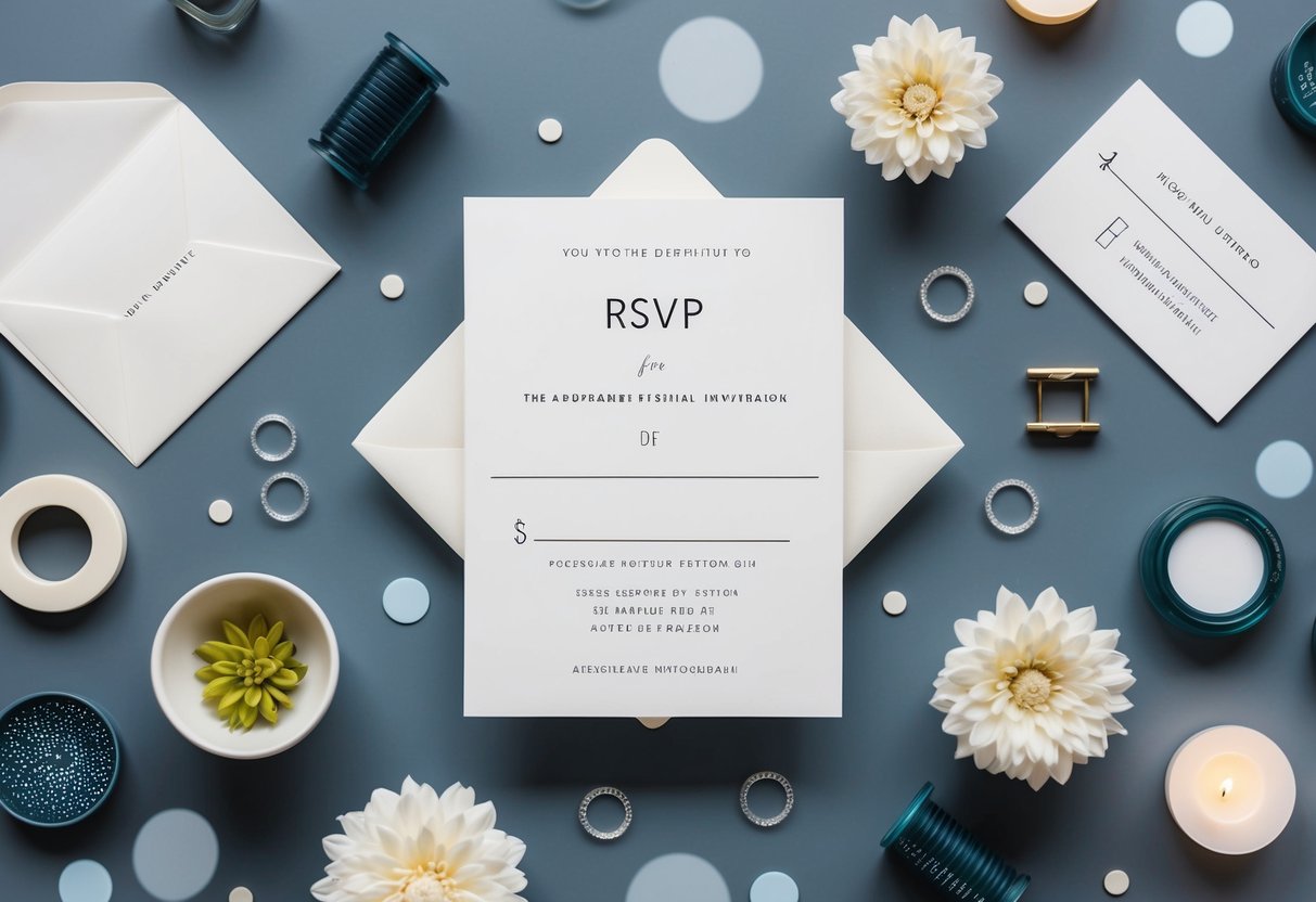 A wedding invitation with a blank space for RSVP, surrounded by modern design elements and alternative options