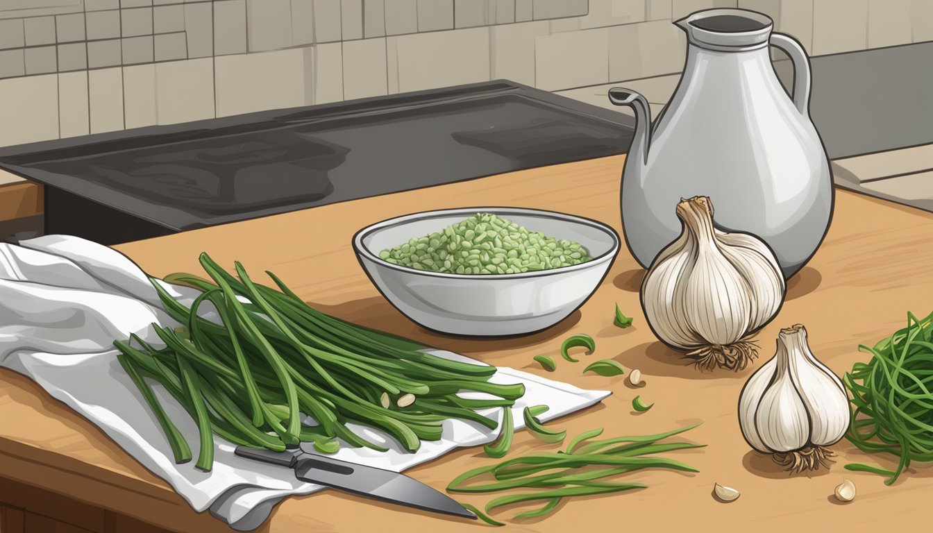 A kitchen counter with a bunch of garlic scapes next to a bowl of garlic cloves, with a chef's knife and cutting board nearby