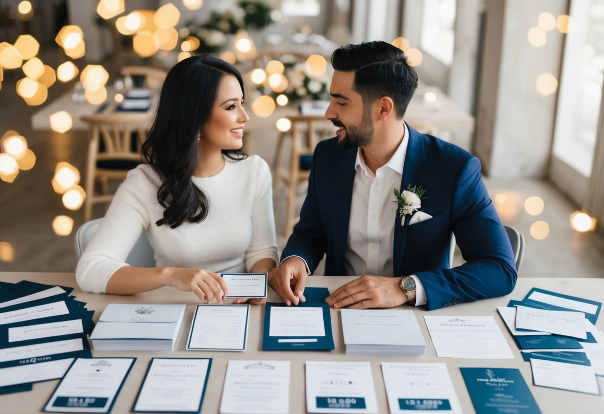 A couple seated at a table, surrounded by various wedding invitation samples and pricing sheets, discussing and comparing options
