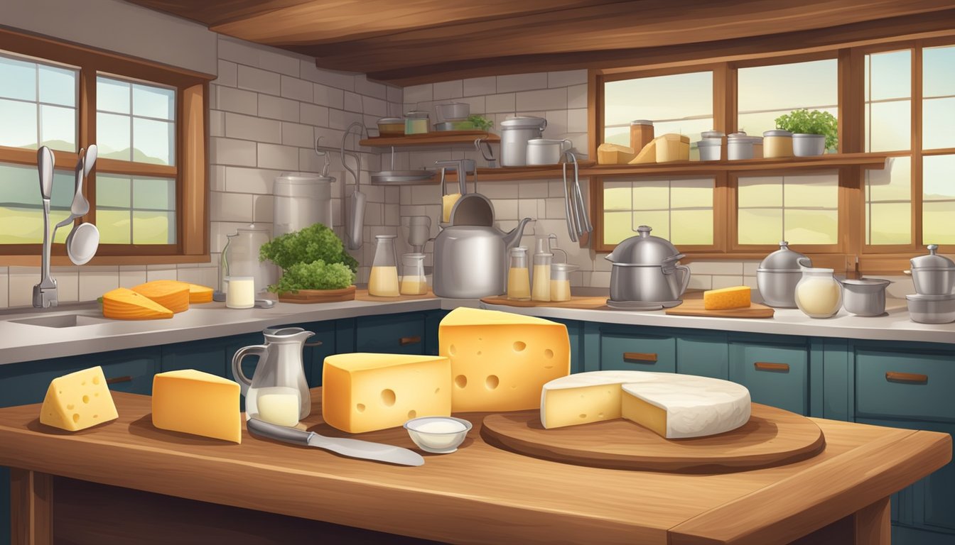 A cheese-making kitchen with various types of cheese and ingredients, including goat milk and sheep milk, along with recipe books and utensils