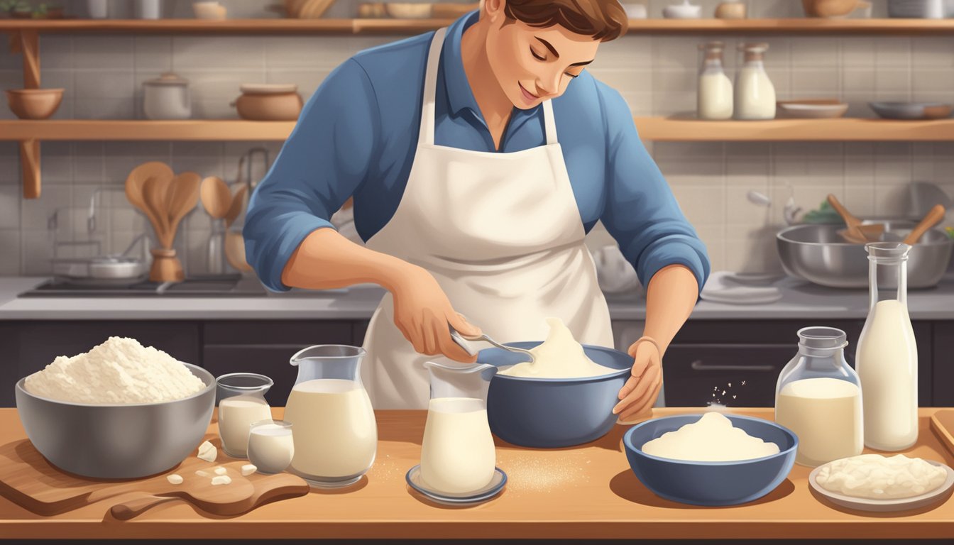 A baker pours goat milk into a mixing bowl, replacing cow milk in a recipe. Ingredients and utensils for baking surround the scene