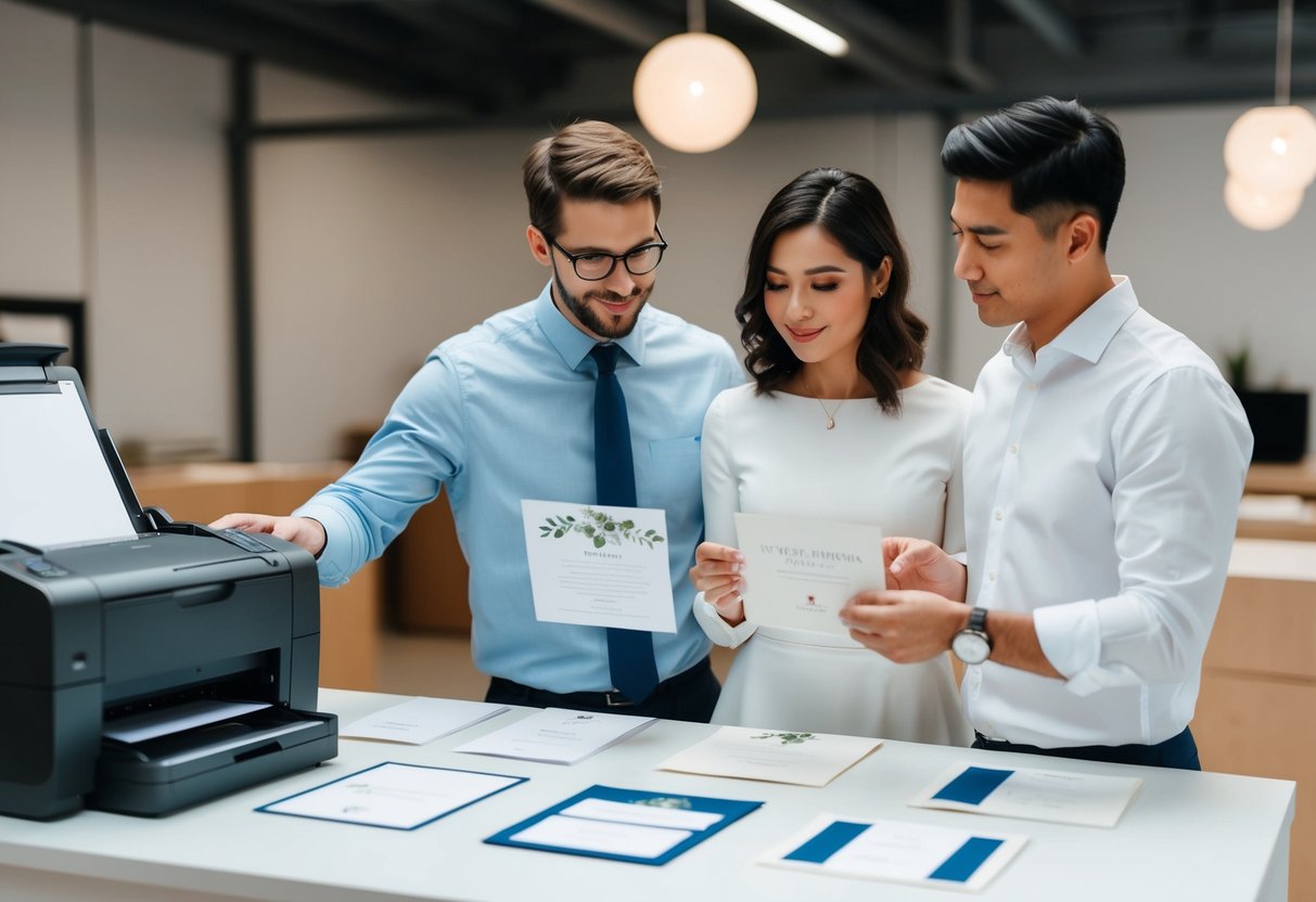 A couple examining various wedding invitation samples with a printer, discussing pricing and printing techniques
