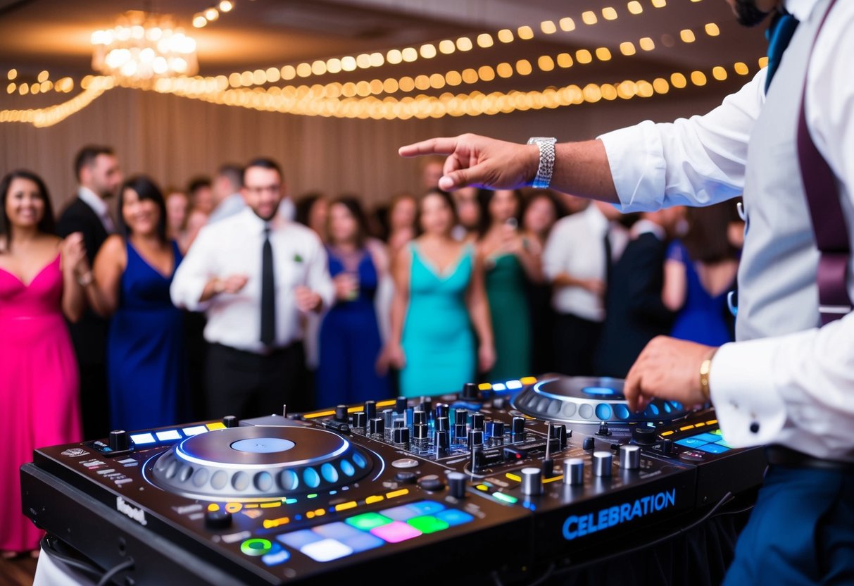 A wedding DJ playing "Celebration" by Kool & The Gang to a crowded dance floor