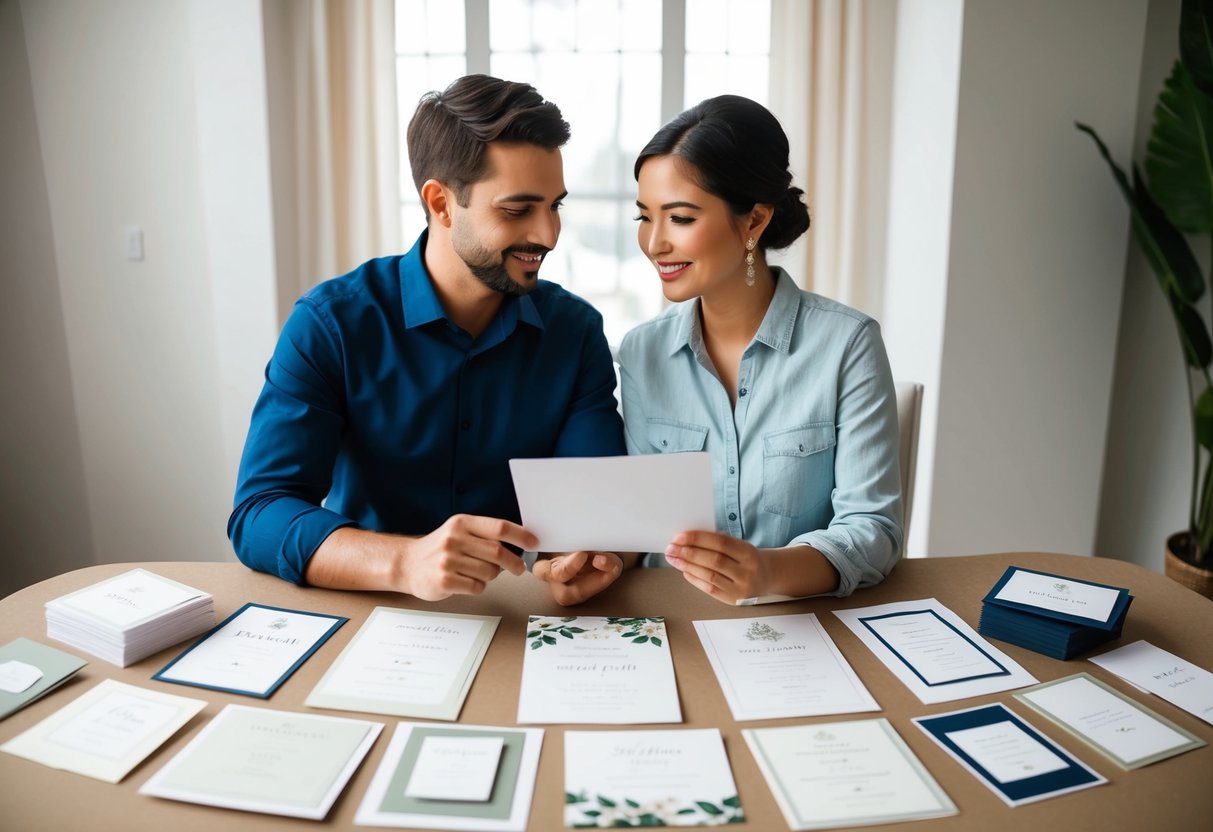 A couple sitting at a table, surrounded by various wedding invitation samples and design options. They are discussing and comparing different styles and details