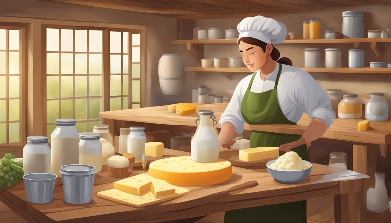 A cheese-making scene with a person using goat milk instead of sheep milk. Ingredients and equipment are laid out on a wooden table