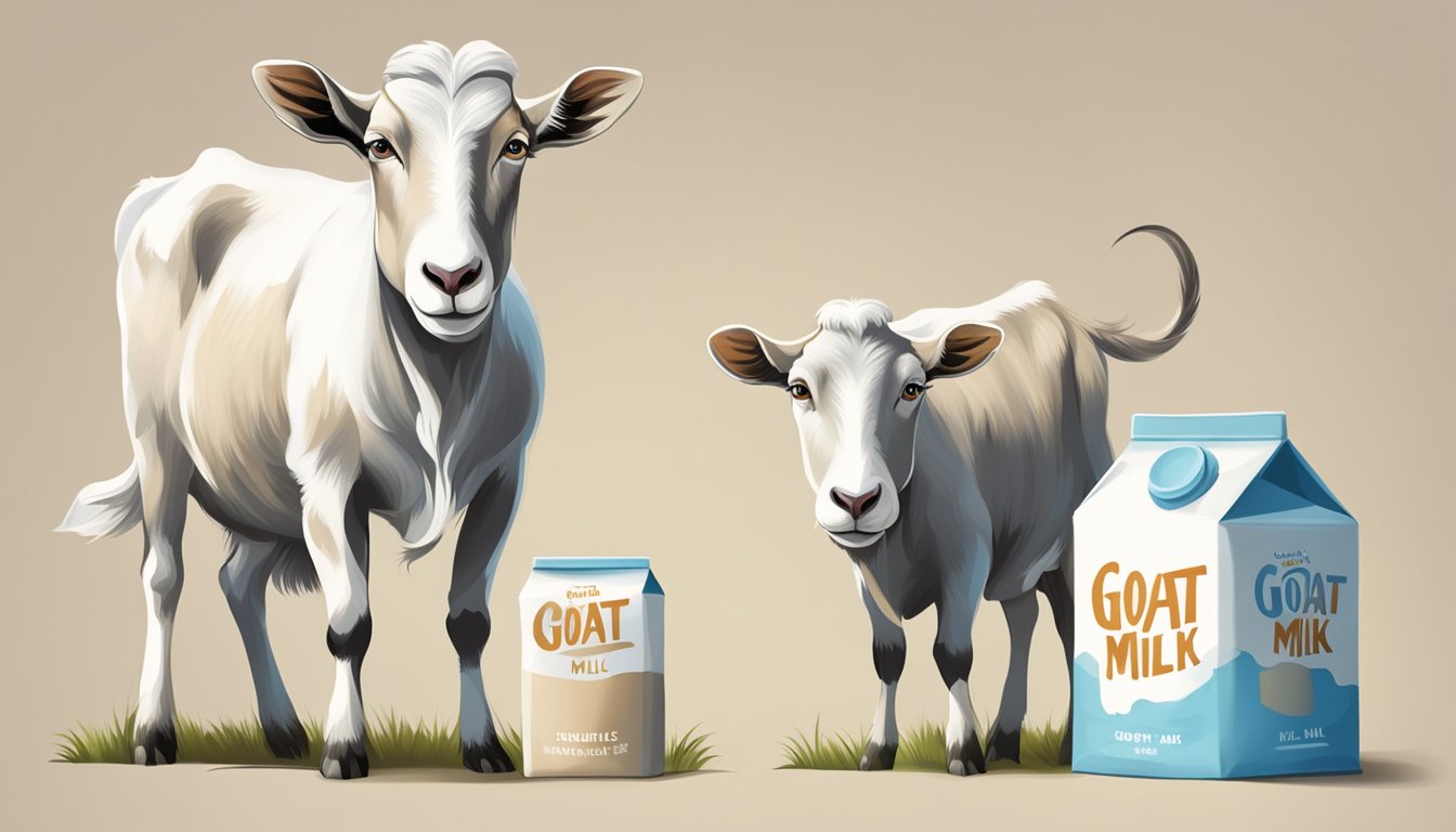 A goat and a cow standing side by side, with a carton of goat milk and a carton of cow milk placed next to them