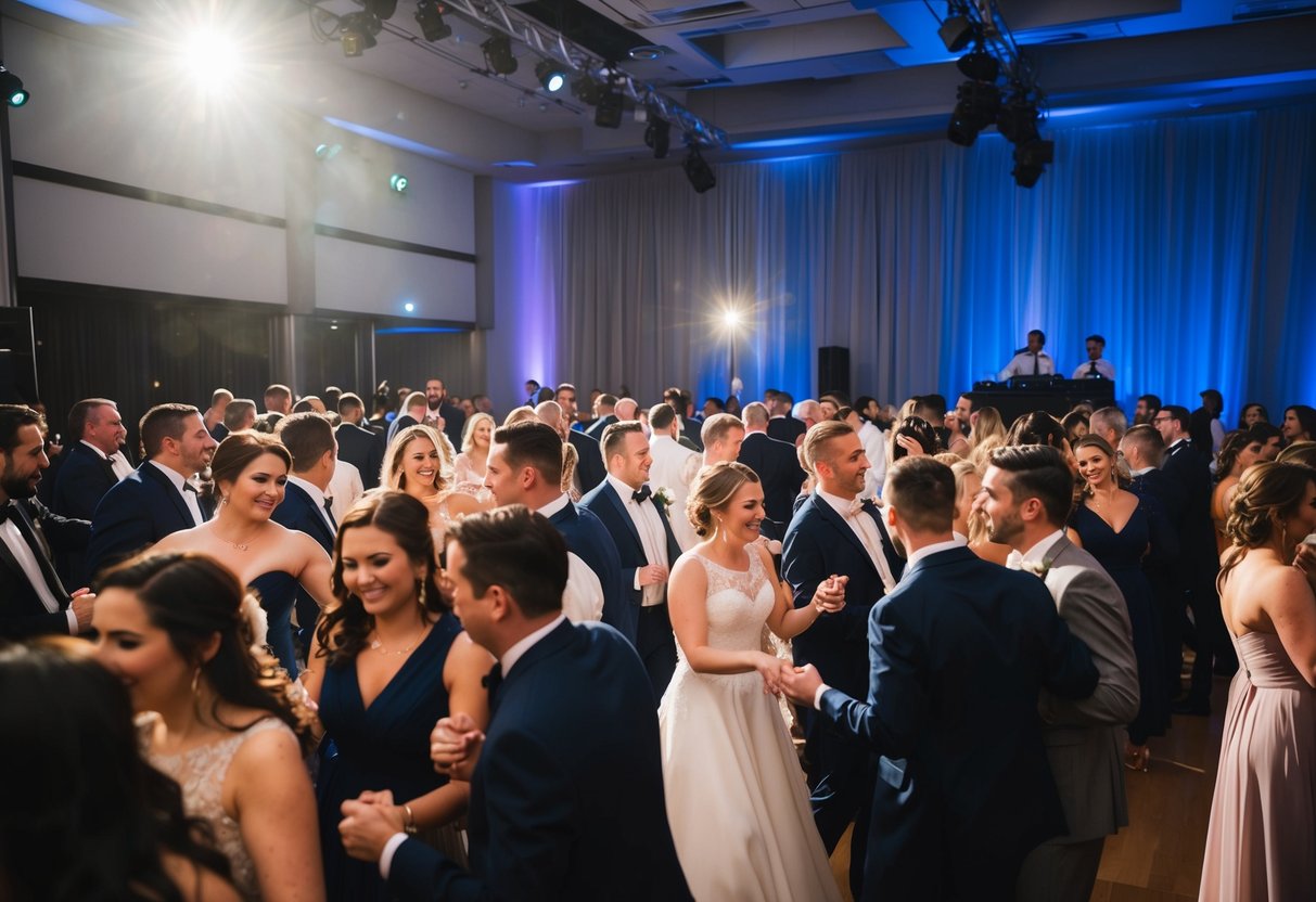 A crowded dance floor with couples swaying to the music, a DJ booth in the background, and a spotlight shining down on the newlyweds