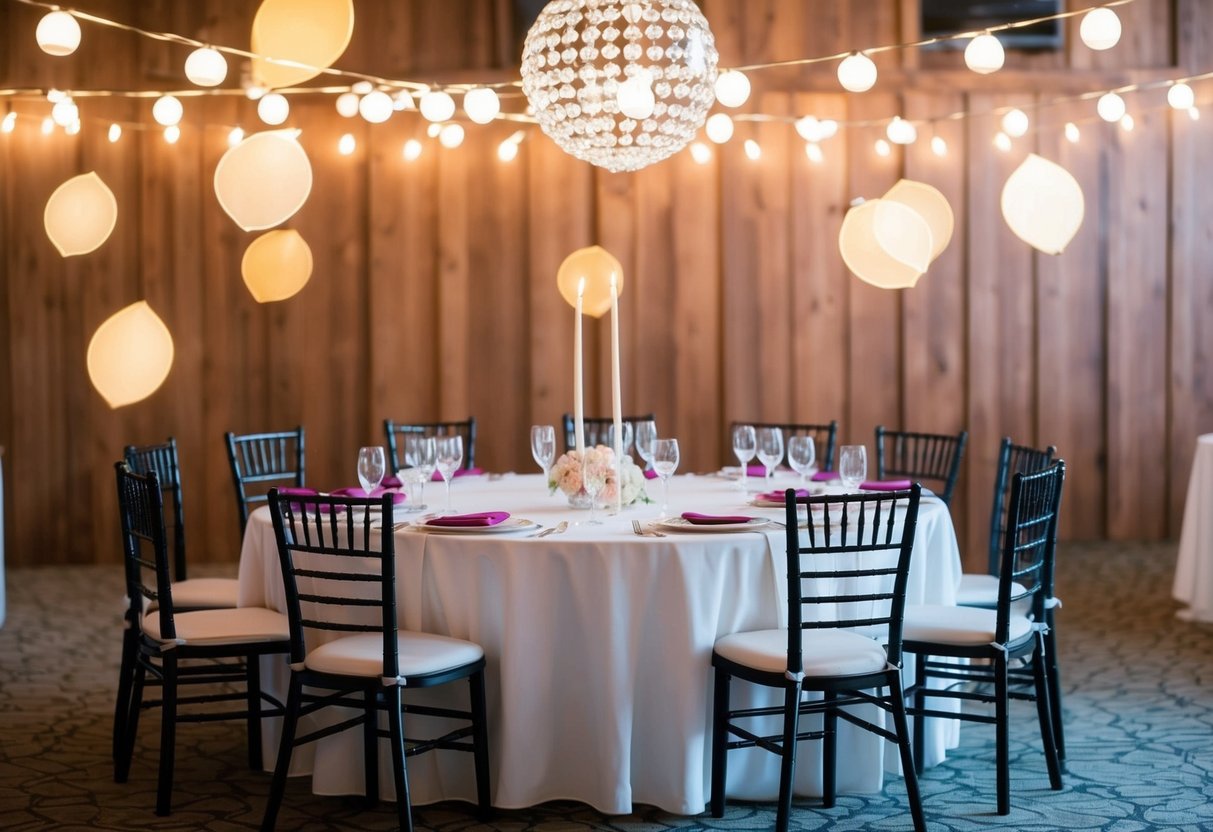 A table set for a party with empty chairs and untended decorations