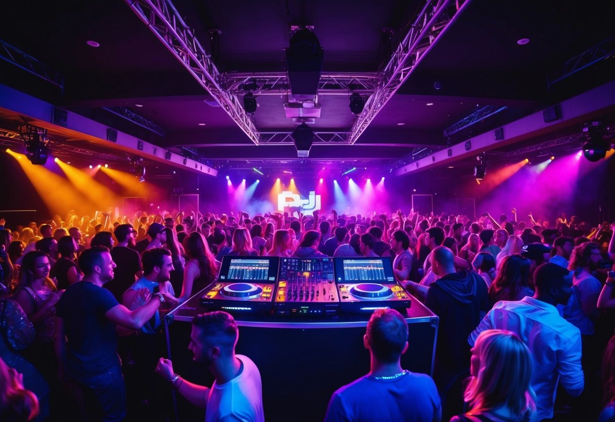 A crowded dance floor with colorful lights and a DJ booth. The music is loud and energetic, with people dancing and singing along