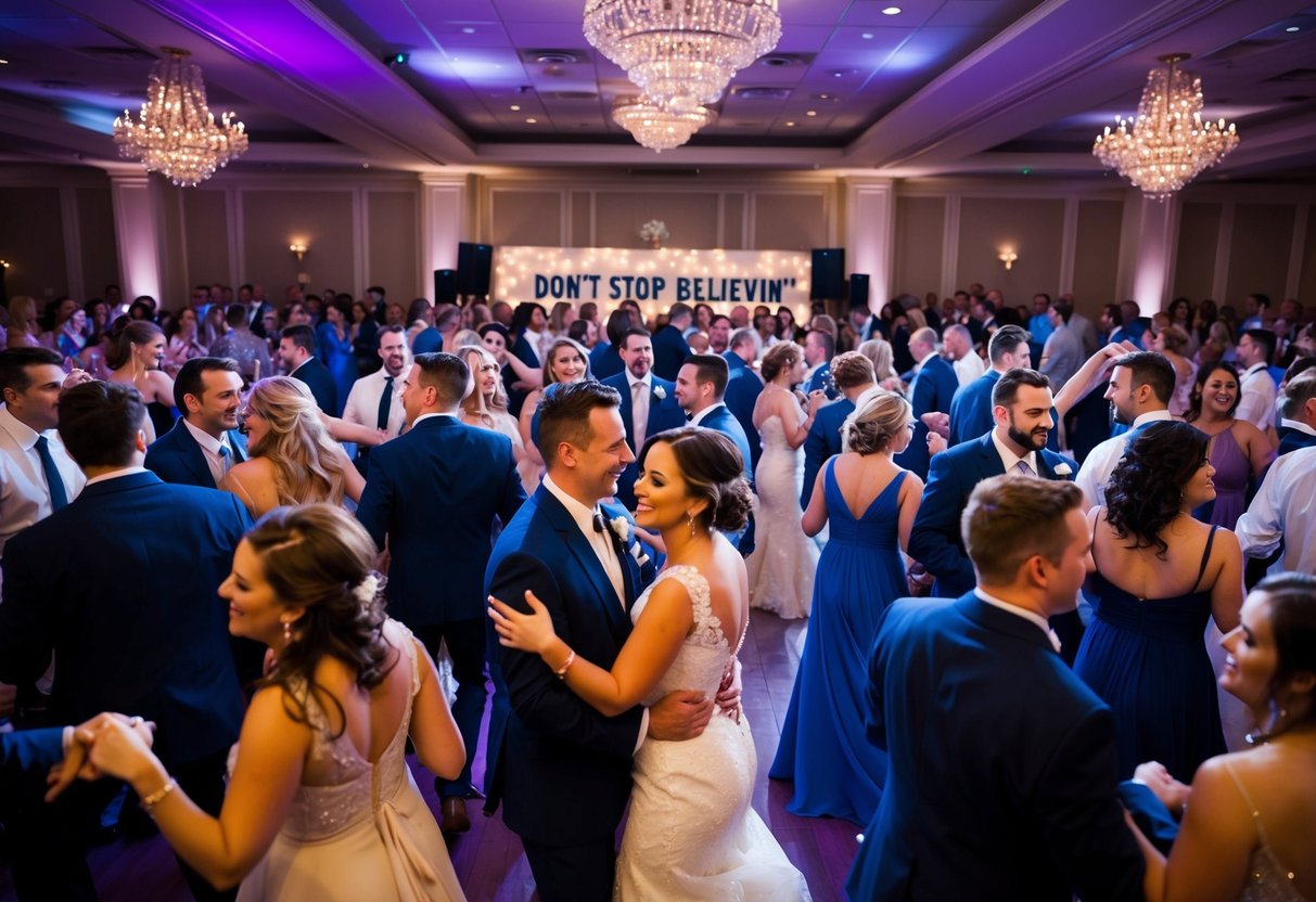 A crowded wedding dance floor with couples swaying to the music, while the DJ plays "Don't Stop Believin'" for the third time that night