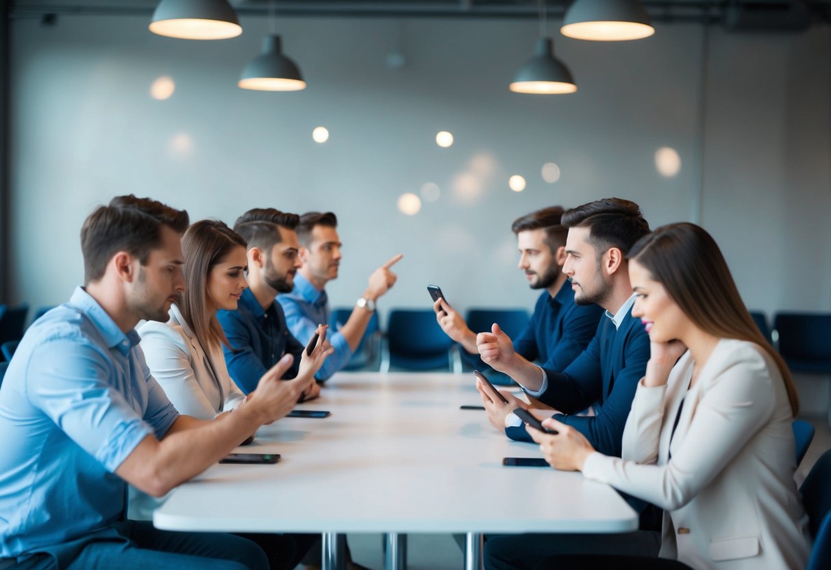 A group of people waiting at a table with empty chairs, gesturing and looking at their phones in frustration