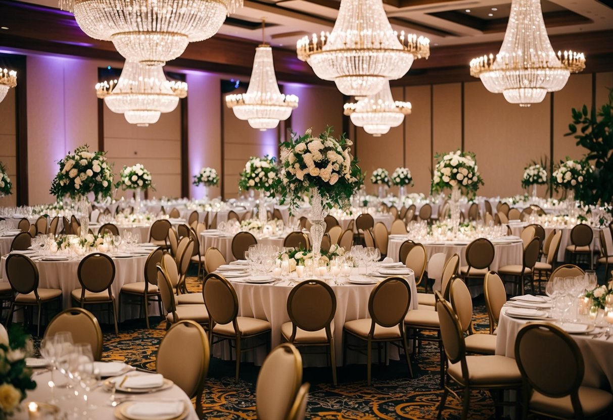A grand banquet hall filled with rows of elegantly set tables, adorned with lavish floral centerpieces and sparkling chandeliers overhead, indicating a big wedding