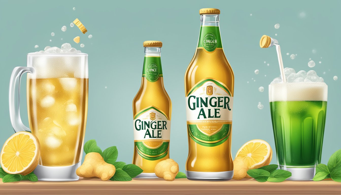 A glass filled with bubbly liquid, a bottle of ginger ale next to a bottle of ginger beer, with a measuring cup pouring liquid from one bottle to another