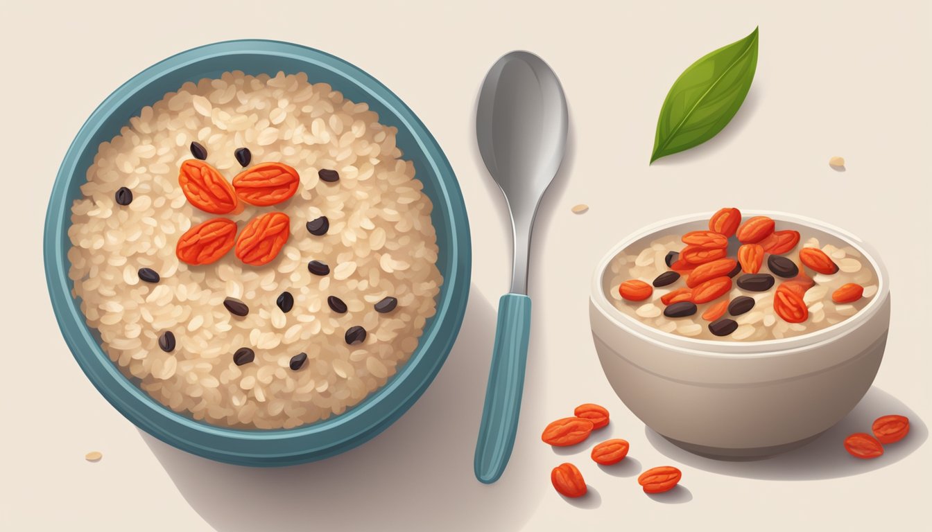 A bowl of oatmeal with goji berries sprinkled on top, next to a bowl of oatmeal with raisins