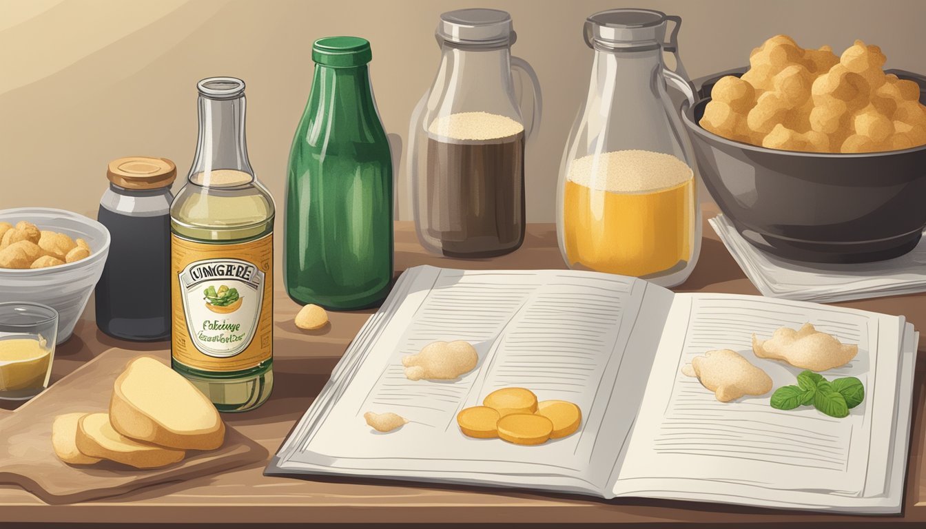 A kitchen counter with various baking ingredients and a bottle of ginger ale next to a recipe book open to a page on how to substitute ginger ale for ginger beer