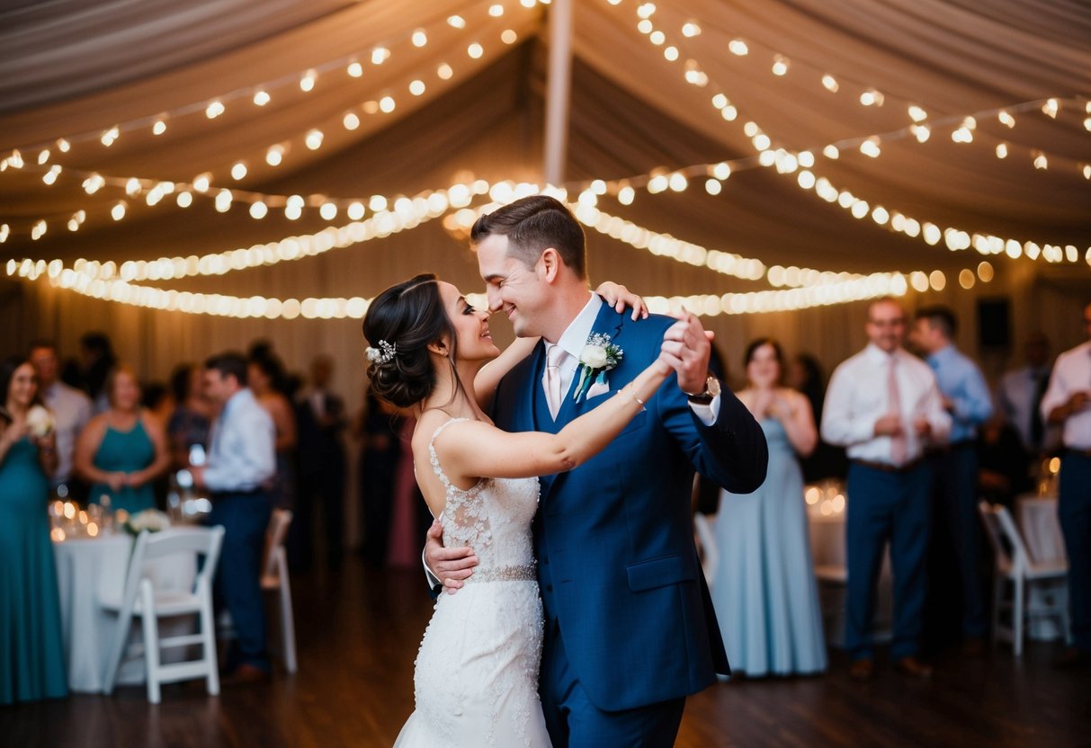 A couple dancing under twinkling lights at a wedding reception