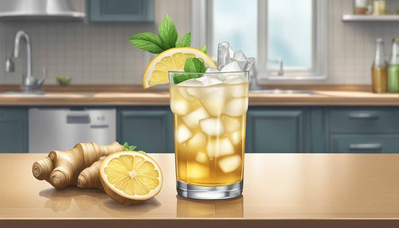 A glass of ginger ale being poured into a tall, frosty glass with ice cubes, alongside a bottle of ginger beer on a kitchen counter