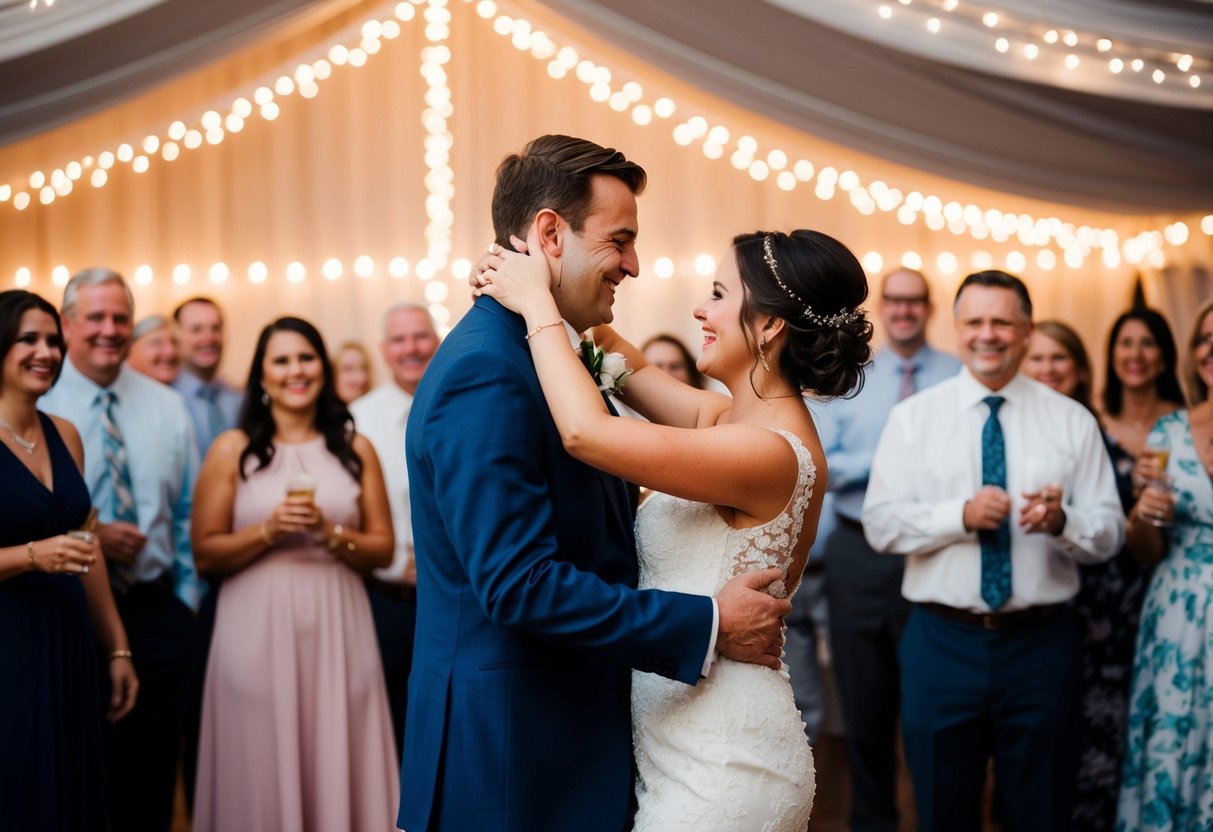 A couple dances under twinkling lights at a wedding reception, surrounded by smiling guests