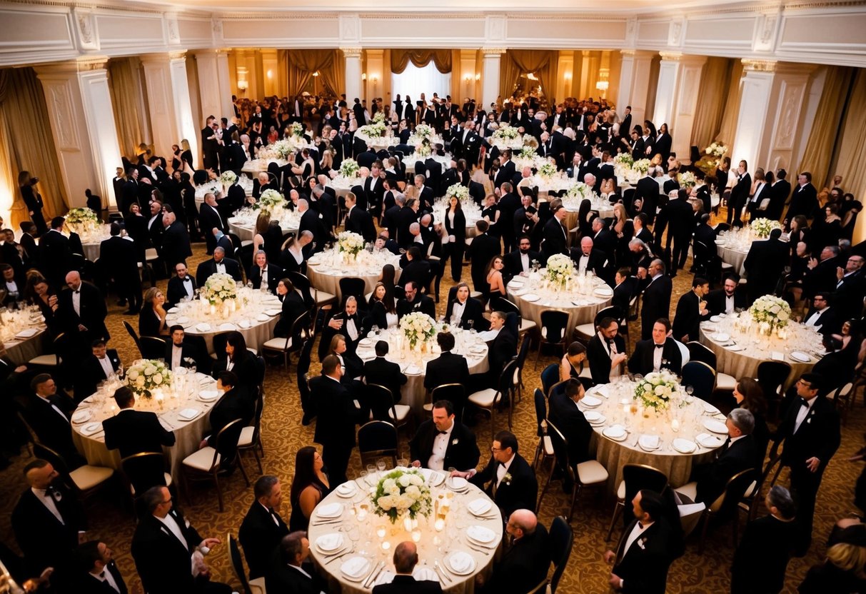 A grand ballroom filled with tables adorned with elegant centerpieces and surrounded by chairs, with a bustling crowd of formally dressed guests mingling and celebrating
