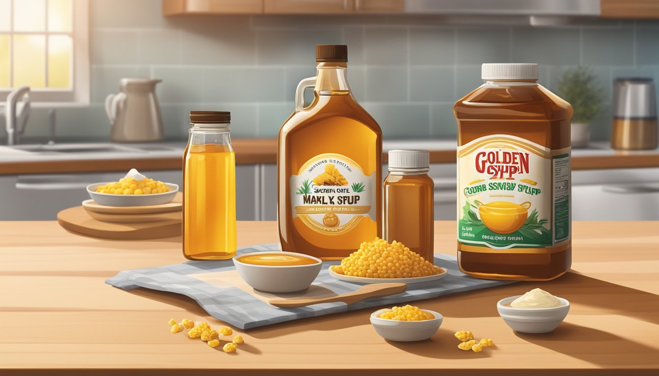 A jar of golden syrup sits next to a bottle of corn syrup on a kitchen counter, surrounded by various sweetener options such as honey, maple syrup, and agave nectar