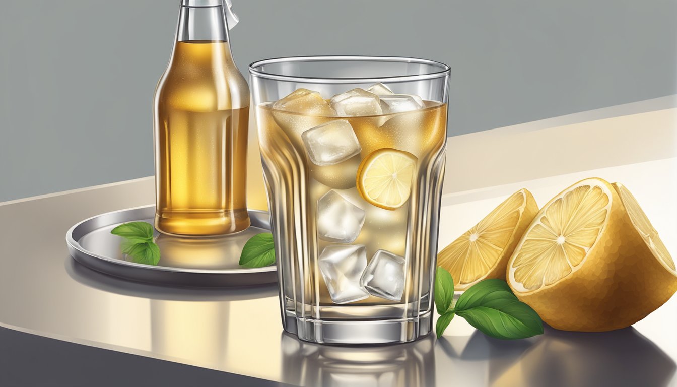 A glass filled with ice and liquid, with a bottle of ginger ale and ginger beer next to it