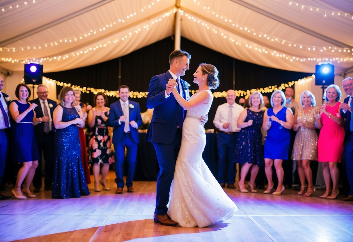 A couple dancing on a brightly lit dance floor, surrounded by smiling guests and twinkling fairy lights