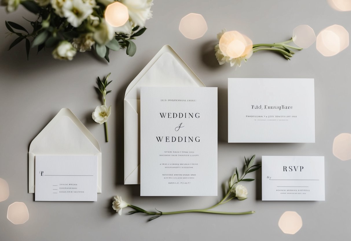 A wedding invitation suite with elegant and minimalist design, including invitation cards, envelopes, and optional RSVP cards