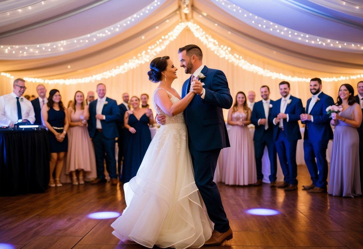 A couple dances under twinkling lights at their wedding reception, surrounded by friends and family, as the DJ plays a romantic second song