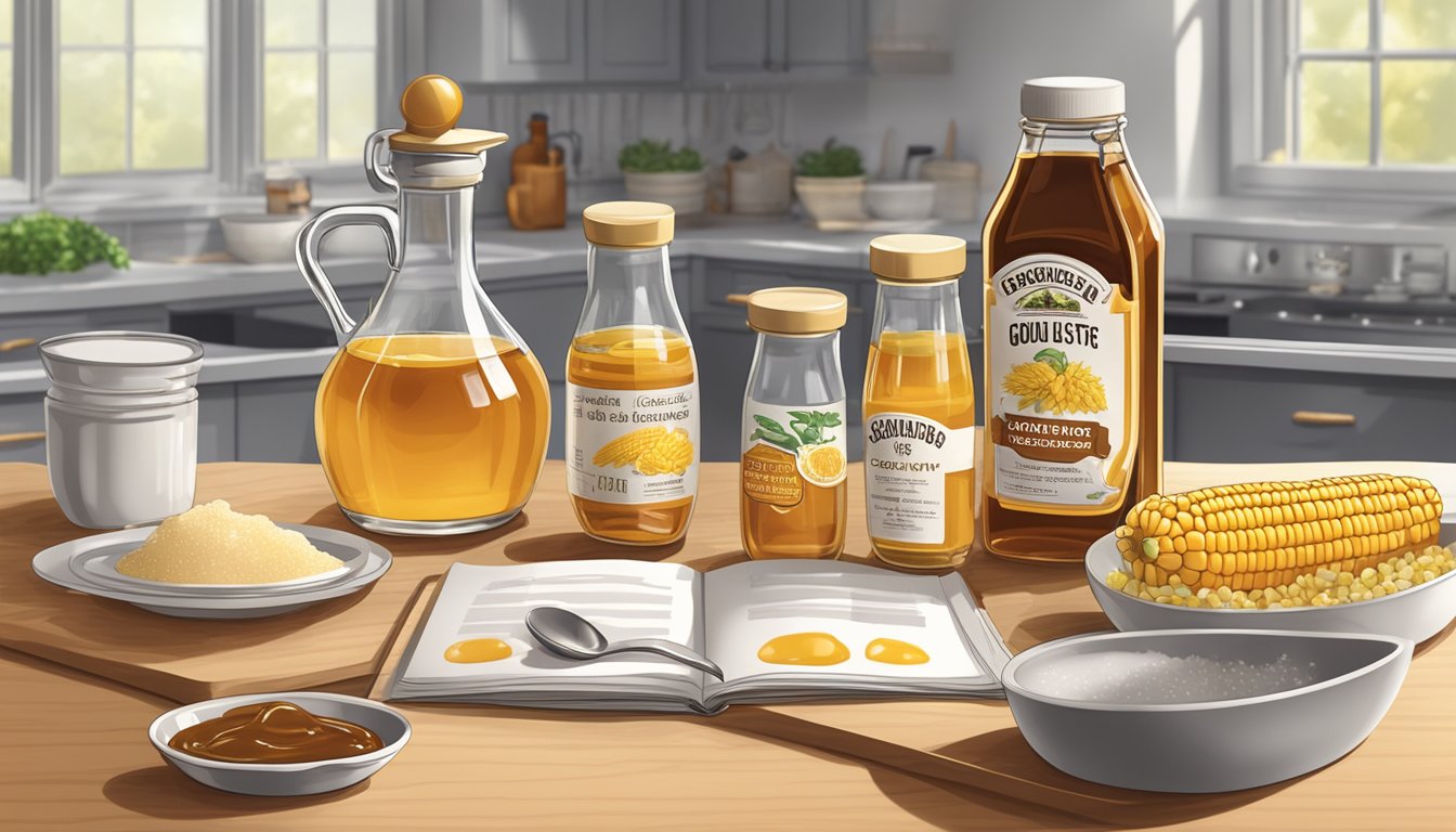 A kitchen counter with bottles of golden syrup and corn syrup, surrounded by measuring cups and spoons, with a recipe book open to a page on syrup substitutes