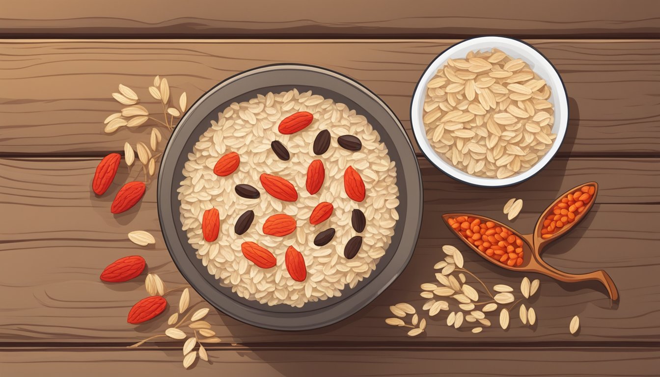 A bowl of oatmeal with goji berries replacing raisins on a wooden table