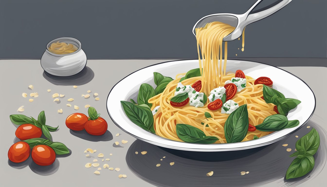 A bowl of pasta with creamy goat cheese sauce being poured over it. Spinach and sun-dried tomatoes are mixed in, creating a colorful and flavorful dish