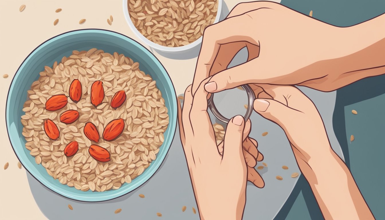 A bowl of oatmeal with goji berries replacing raisins. A hand reaching for a jar of goji berries on the kitchen counter